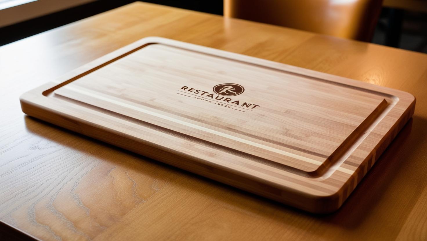 a high quality cutting board with juice groove with restaurant logo engraved on a wooden restaurant table, close up photo.jpg