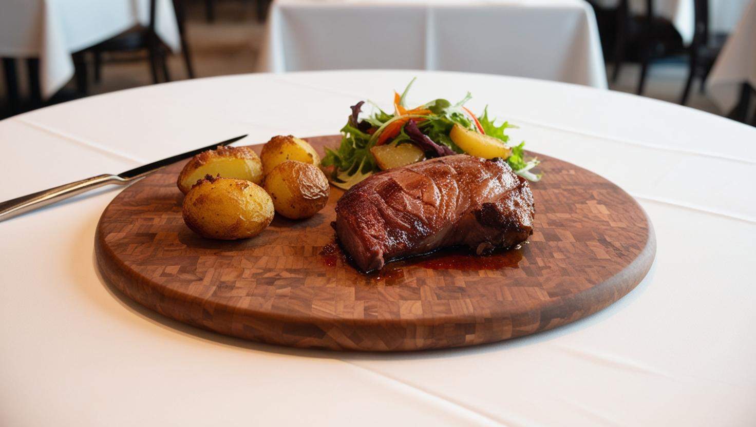 a walnut cutting board on a restaurant table with meat, potatoes and salad.jpg